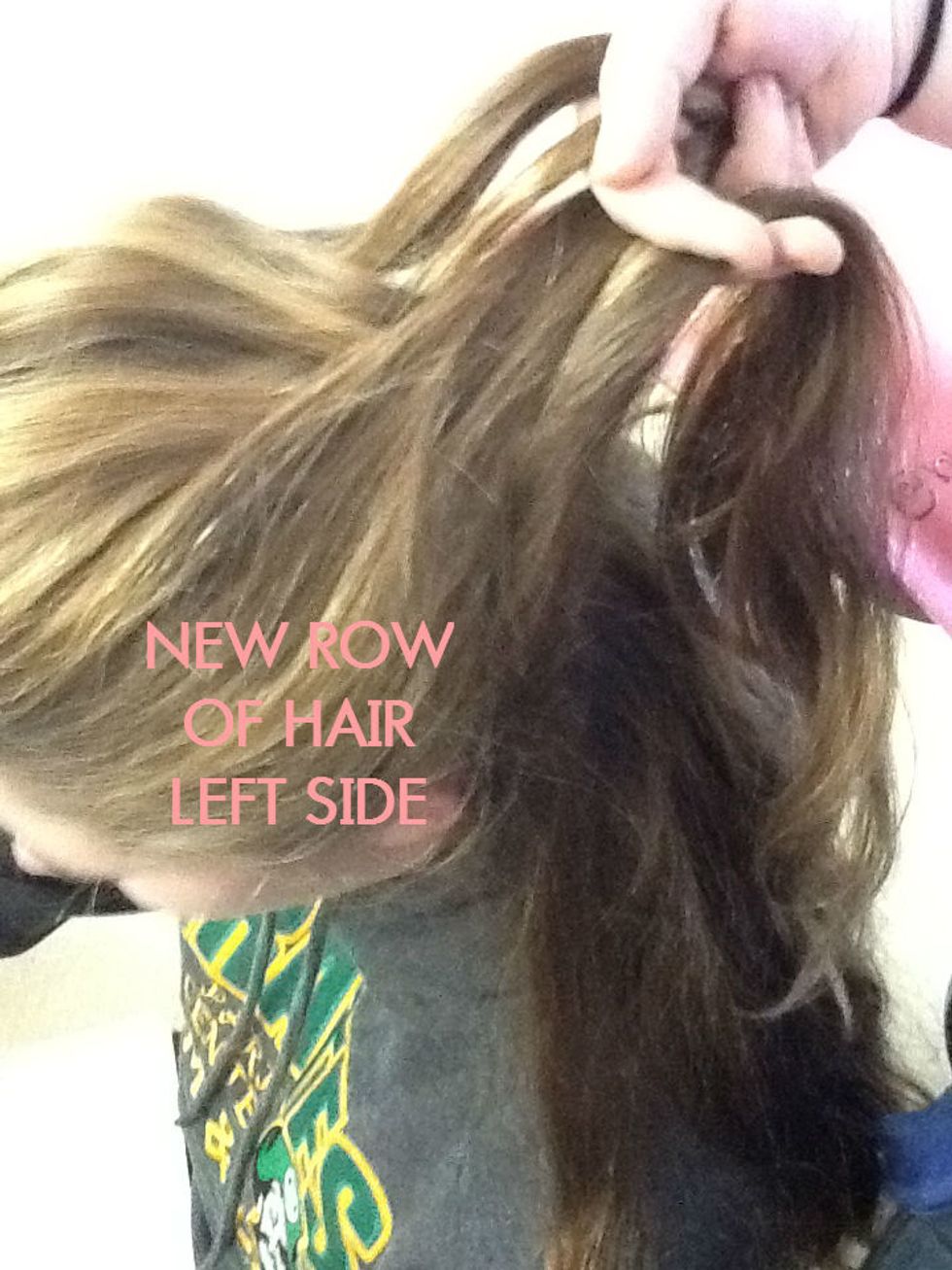On the LEFT side take the next row of hair 1 cm thick and add it to the NEW LEFT STRAND