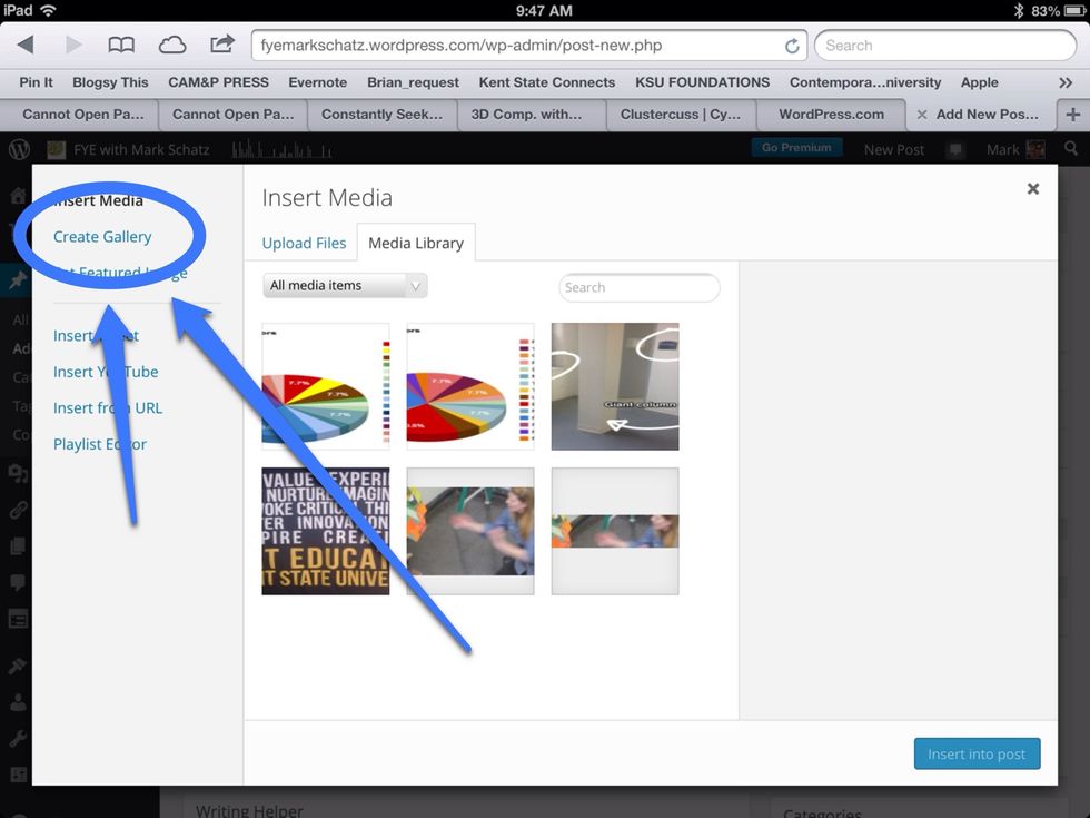 On the media page select "Create Gallery". Now you can select or upload files from your iPad. Check all that you want to include.