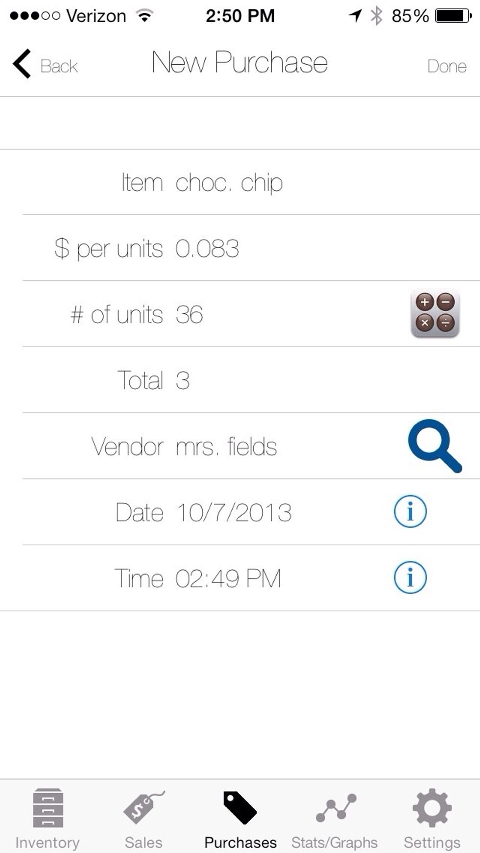 On the new purchase screen you enter the total number of units and the total purchase price. The app will automatically calculate the purchase price per unit. Then click the done button.