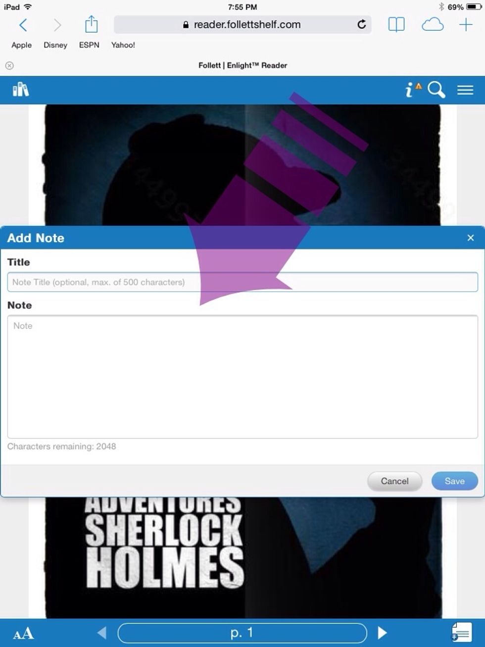 On the page you wish to bookmark, click on the button, enter a title and your note, and click 'save.'