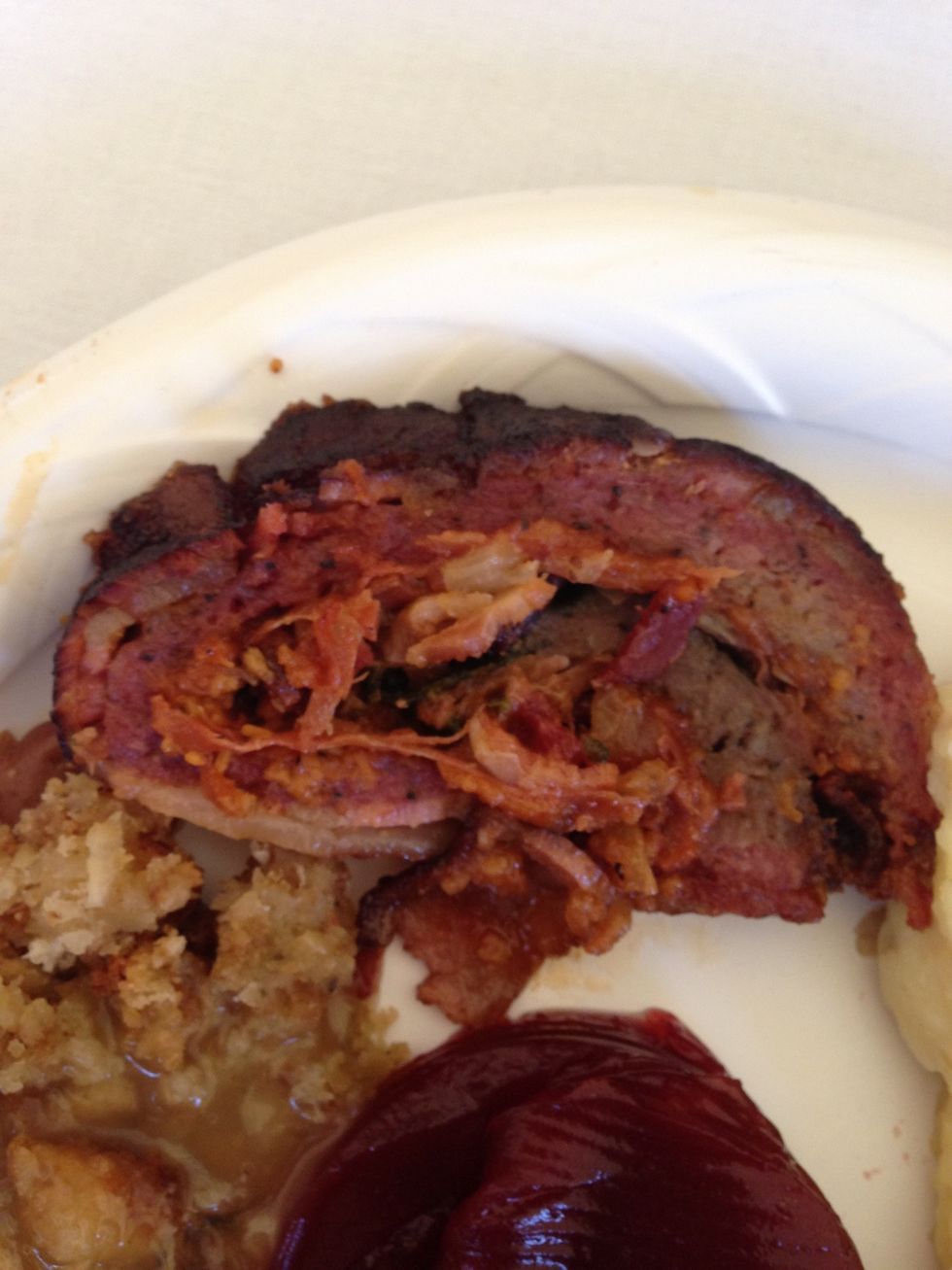 On the plate.  Nice smoke ring and delicious all the way through!  Enjoy!