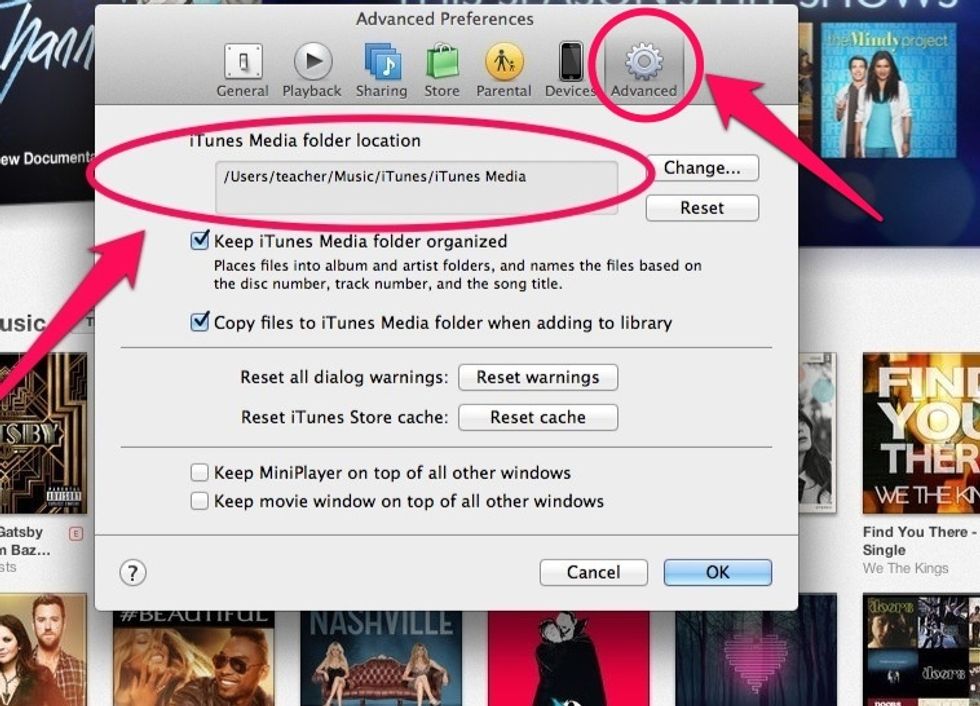 On the preference window, select the "Advanced" tab. In the "iTunes Media folder location" window, you will see where your iTunes folder is located. Write that down. Then quit iTunes.
