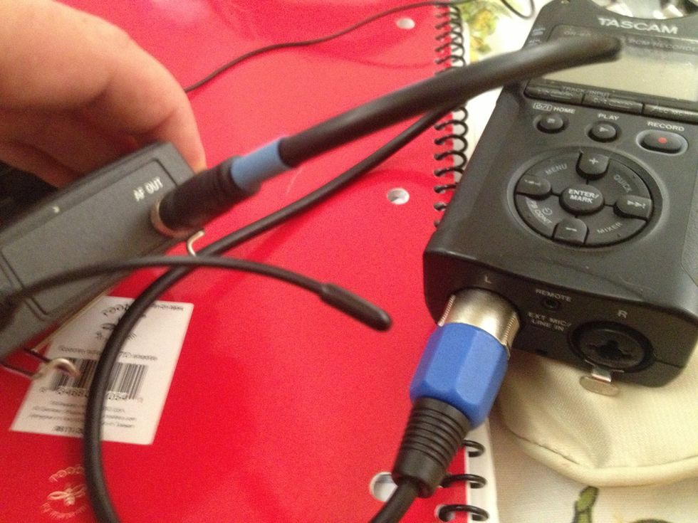 On the receiver the plug should be plugged from out to left or right on recorder.