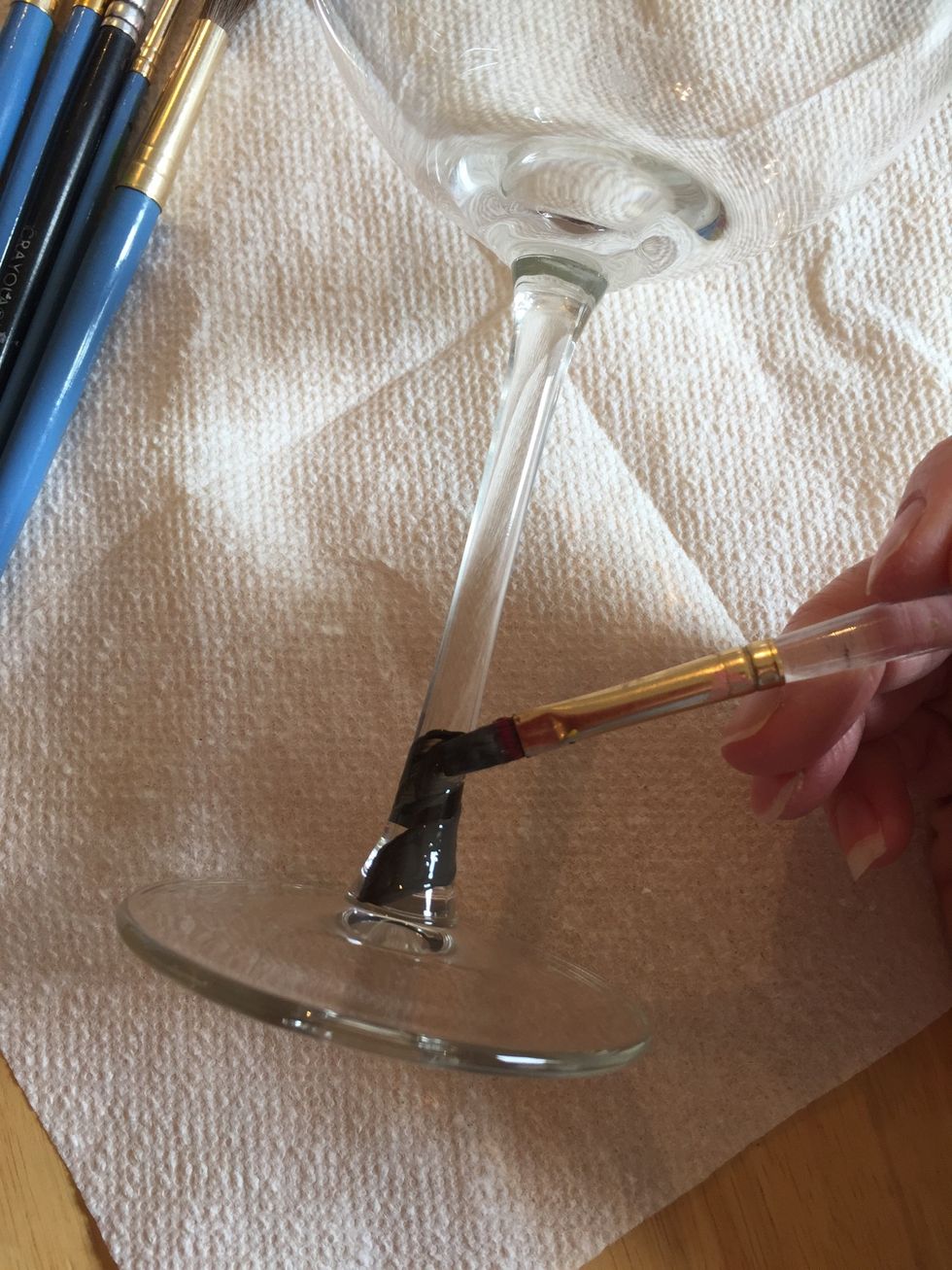 On the stem paint like candy cane up the stem with brown paint.  Just roll the glass on its side while you hold the brush at an angle.  You can also paint the whole stem and bottom brown.