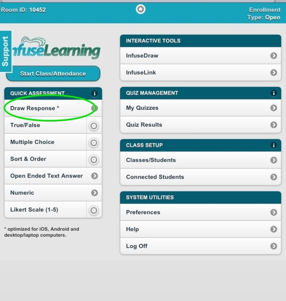 On the Teacher Dashboard (on teacher device) there are 7 basic types of Quick Assessment questions. We will explore the options for each type. Let's start with Draw Response.
