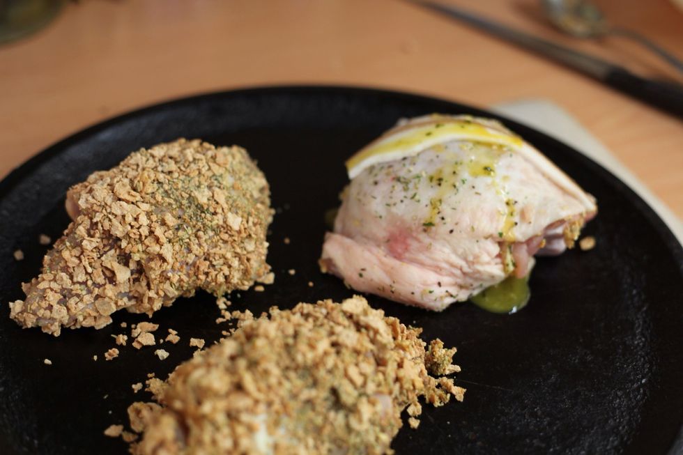 On the thigh piece, drizzle a touch of your coriander egg mix all over and bake the same way. 20-30 mins on 200 C / 390 F. After 15 mins, Add your bread tray and bake for 15 mins. Don't burn anything!