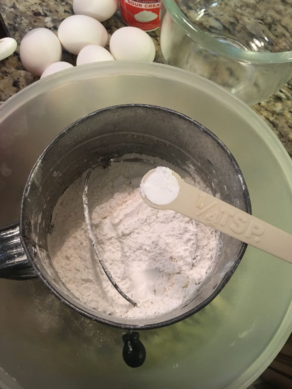 On the third sift, add 1/4 teaspoon of baking soda to be sifted with flour