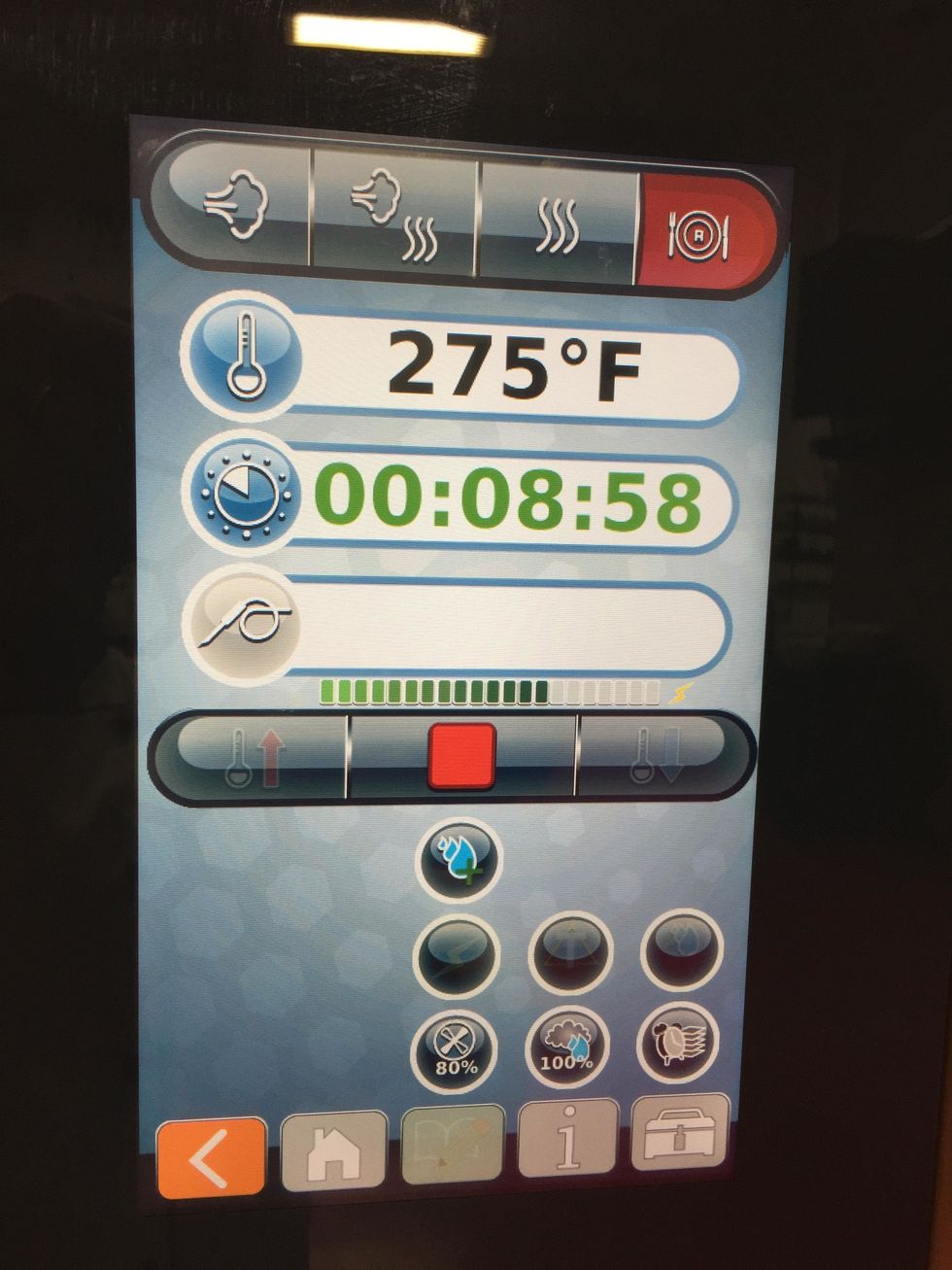 On the top right hand corner of the modes you will select the plate and silverware. This is the retherm mode. Select preheat. Once the unit is preheated Set the time to 9 minutes.