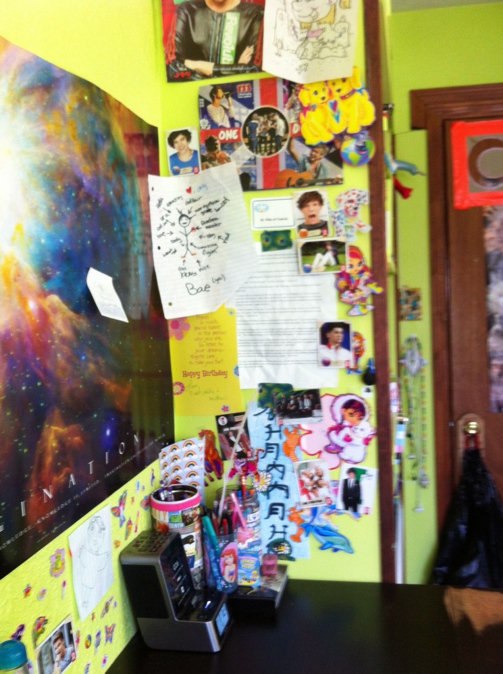 On the wall next to my desk, I have loads of random stuff. I put it all here because it's the only place in my room with drywall, everywhere else it falls because it's plaster.