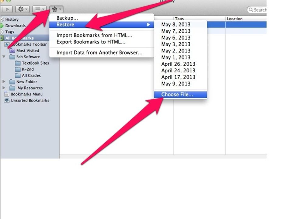 On the window that come up, select the star icon.  Then you select the "Restore," then "Choose File."