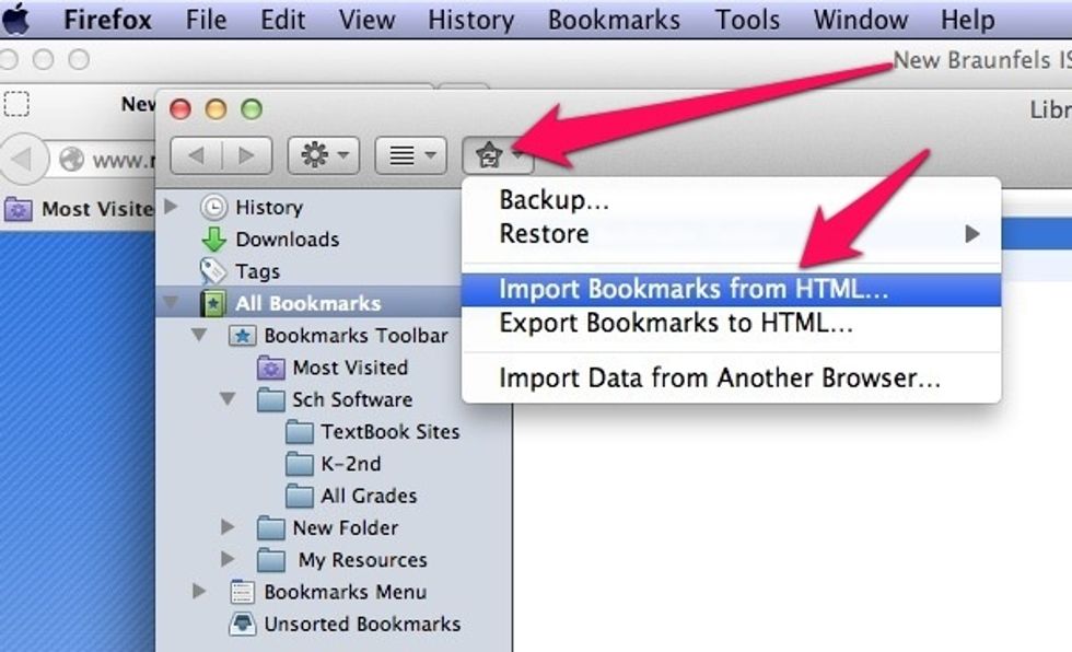 On the window that comes up, select the star icon.  Then you select the "Import Bookmarks from HTML..."