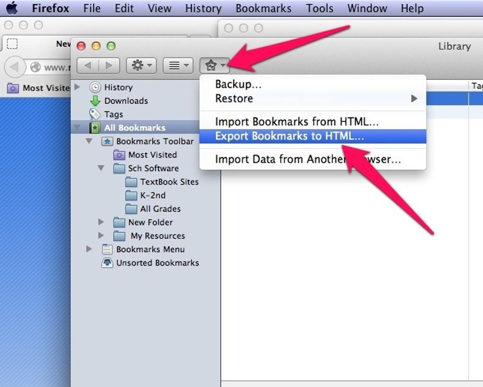 On the window that opens, select the star icon.  Then select, "Export Bookmarks to HTML...."