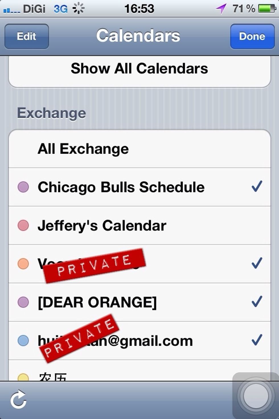 On this page, you will see all the calendars you choose and tick from the google sync page. Here you can choose and tick those you want to be seen on your iPhone calendar page.