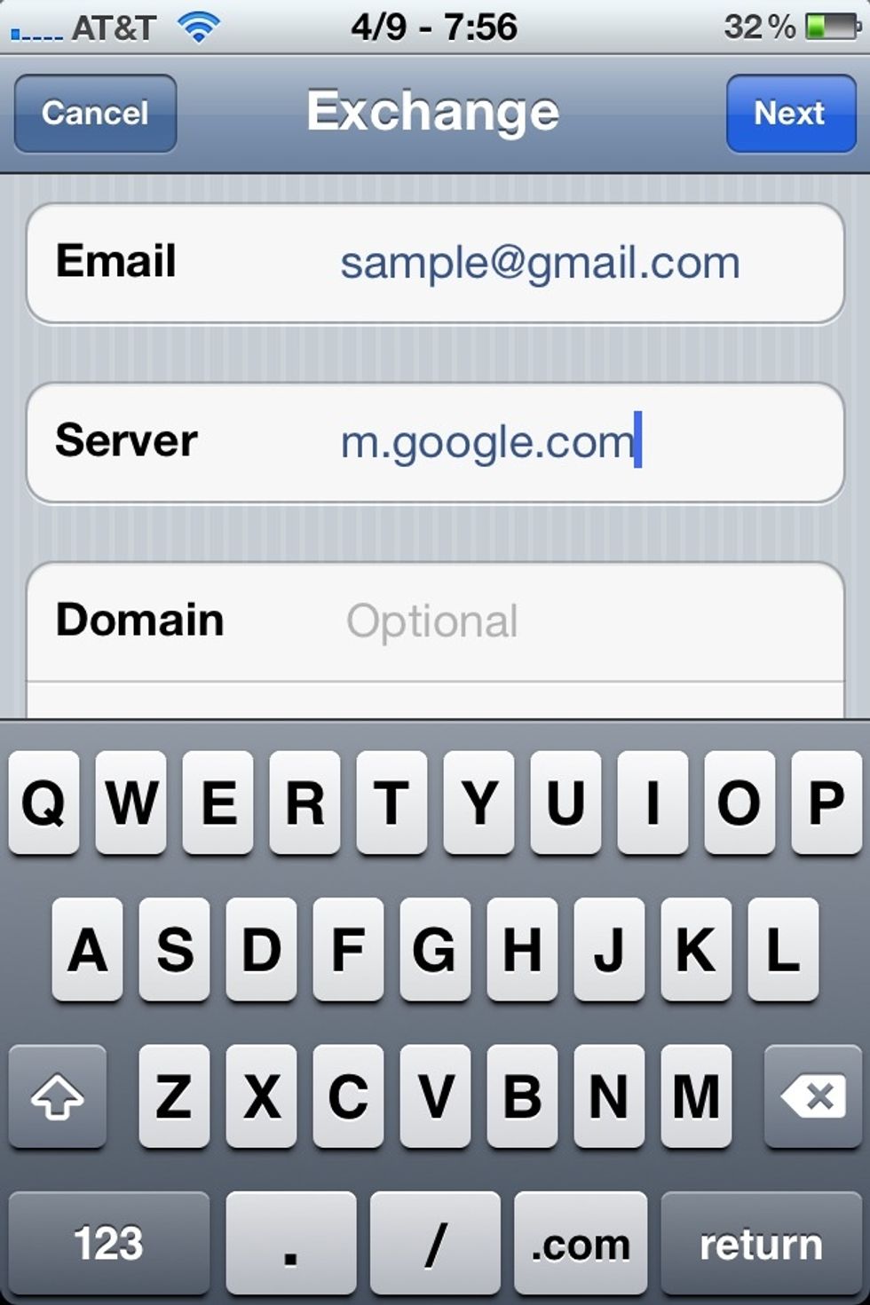 On this same screen, after a few moments, a new field will appear labeled Server. Type in "m.google.com" (without quotes). Tap Next.