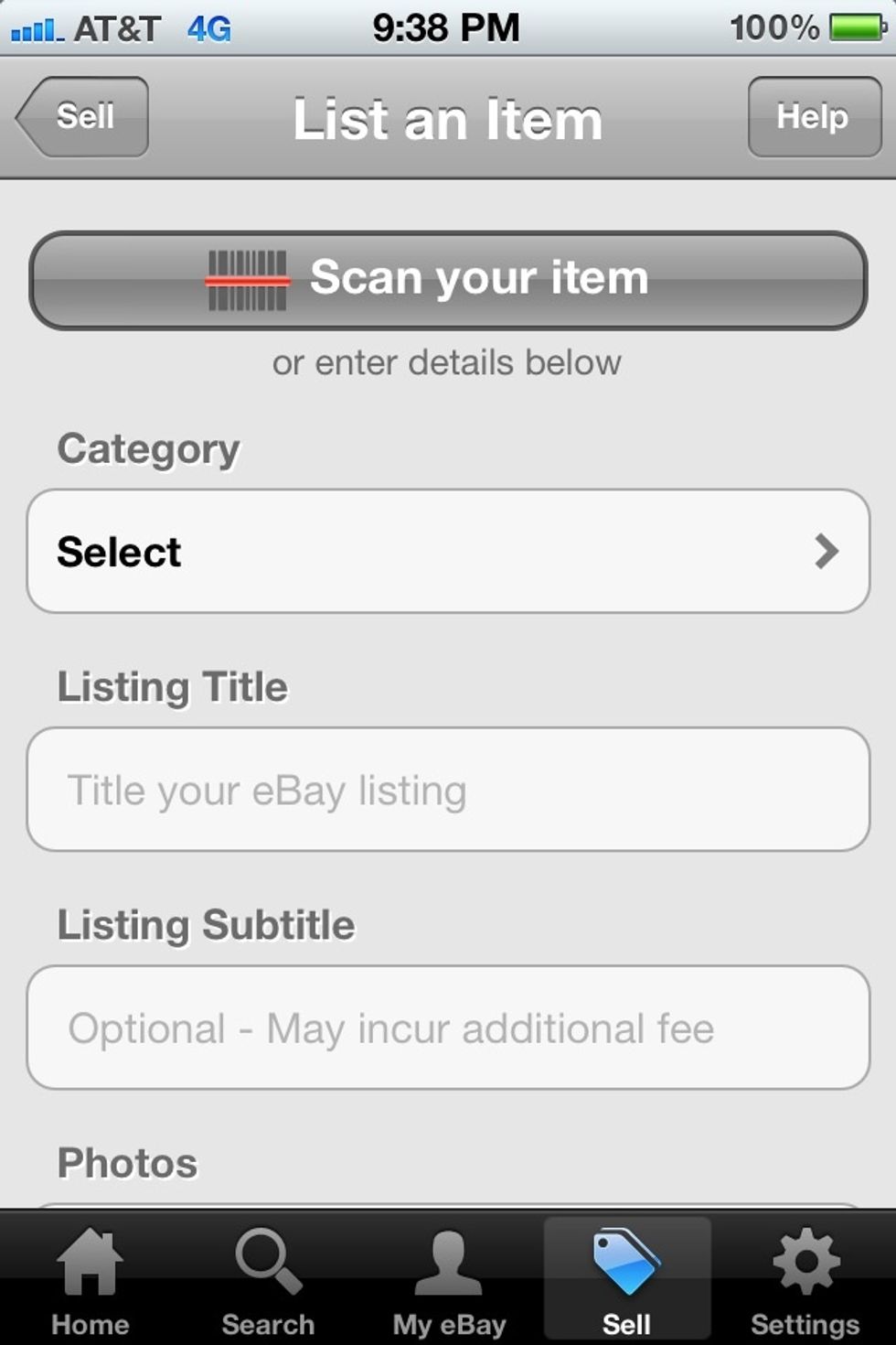 On this screen you will need to add all of the information about your item. You can use the scan barcode option to help pre fill some information.