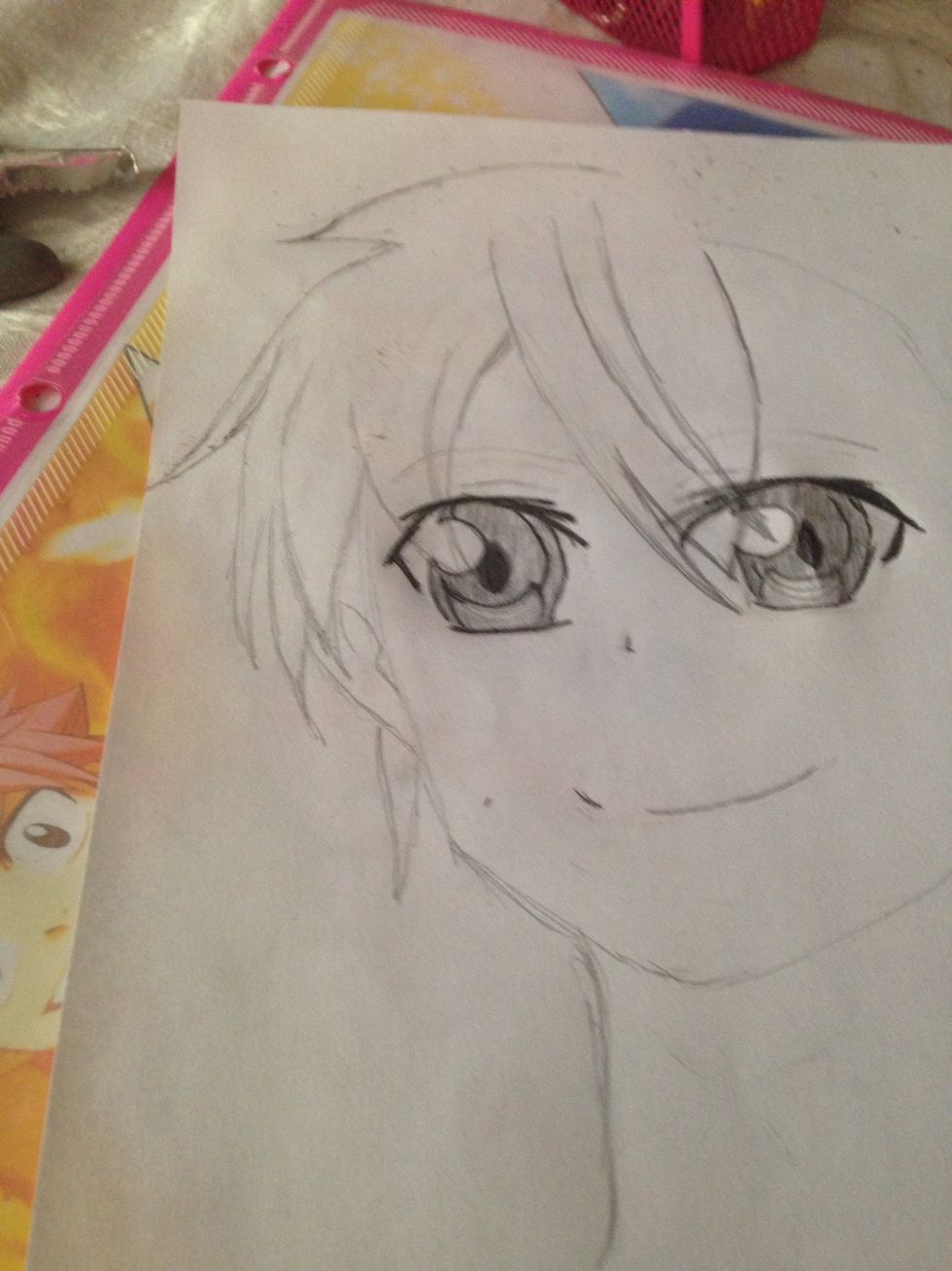 On this step, we're continuing and finishing the hair on the left side on Kirito's face c: Also, you have the option to either add Kirito's ear or hide his ear with his hair.