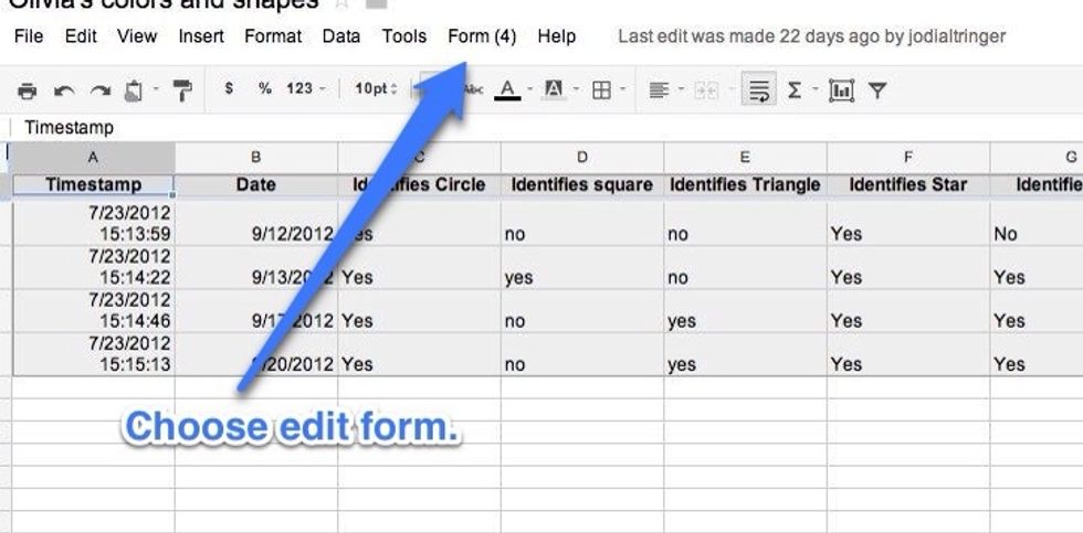 On your computer, open the Google form spreadsheet. Go to Form, Edit form.
