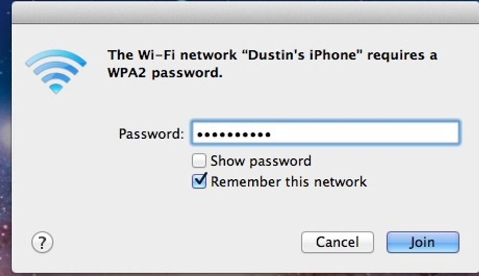 On your Mac, type in the name of the WiFi password you just setup.