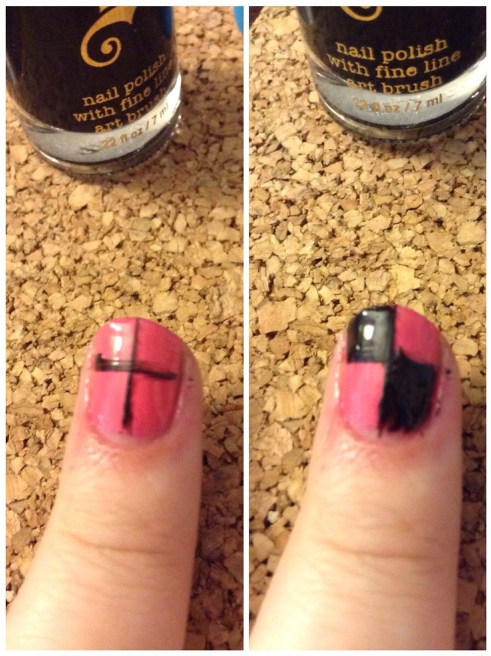 On your middle finger (or whichever) paint a 't' or cross on your nail. Fill in two of the sections for like a checkerboard pattern. Be careful because it is extremely easy to mess up.
