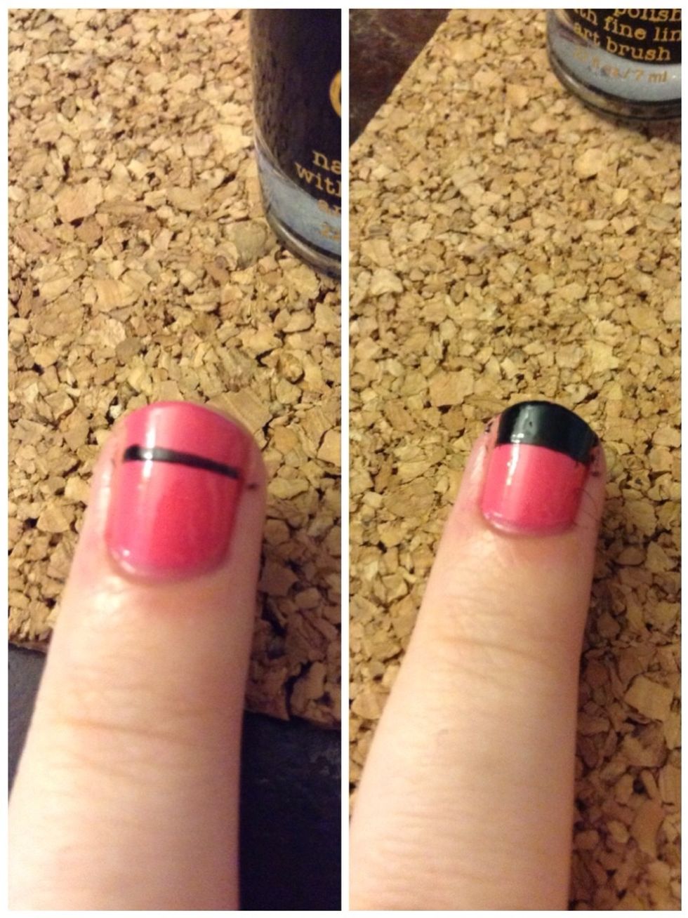 On your ring finger (or whichever) paint a line across the tip of your nail and fill it in for pretty much a French tip.