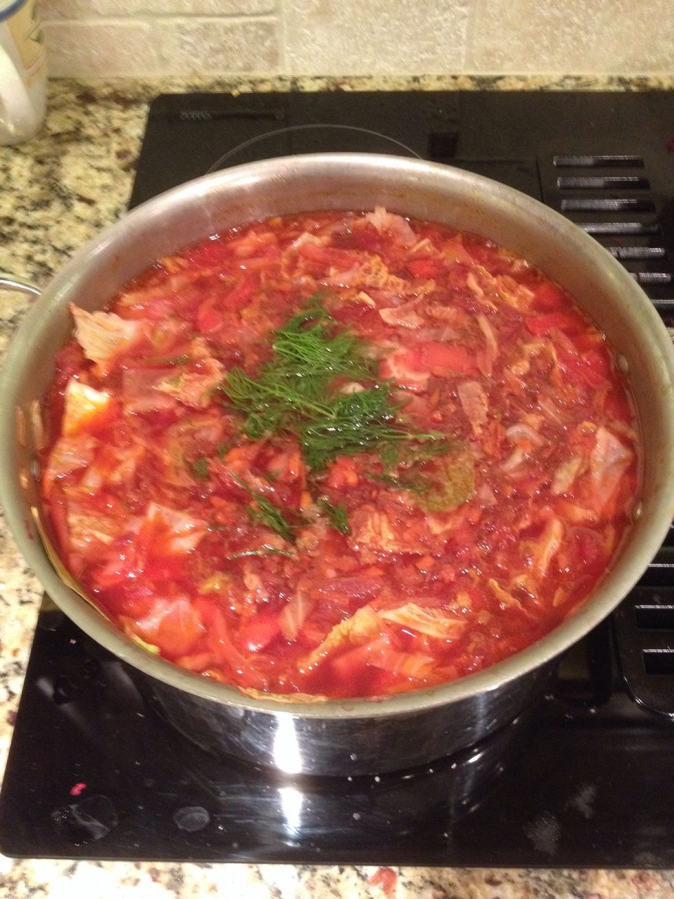 Once 45 mins have passed since Step 2, add some dill and a couple of bay leaves, put the lid on the pot and let things sit for a bit with the heat off.