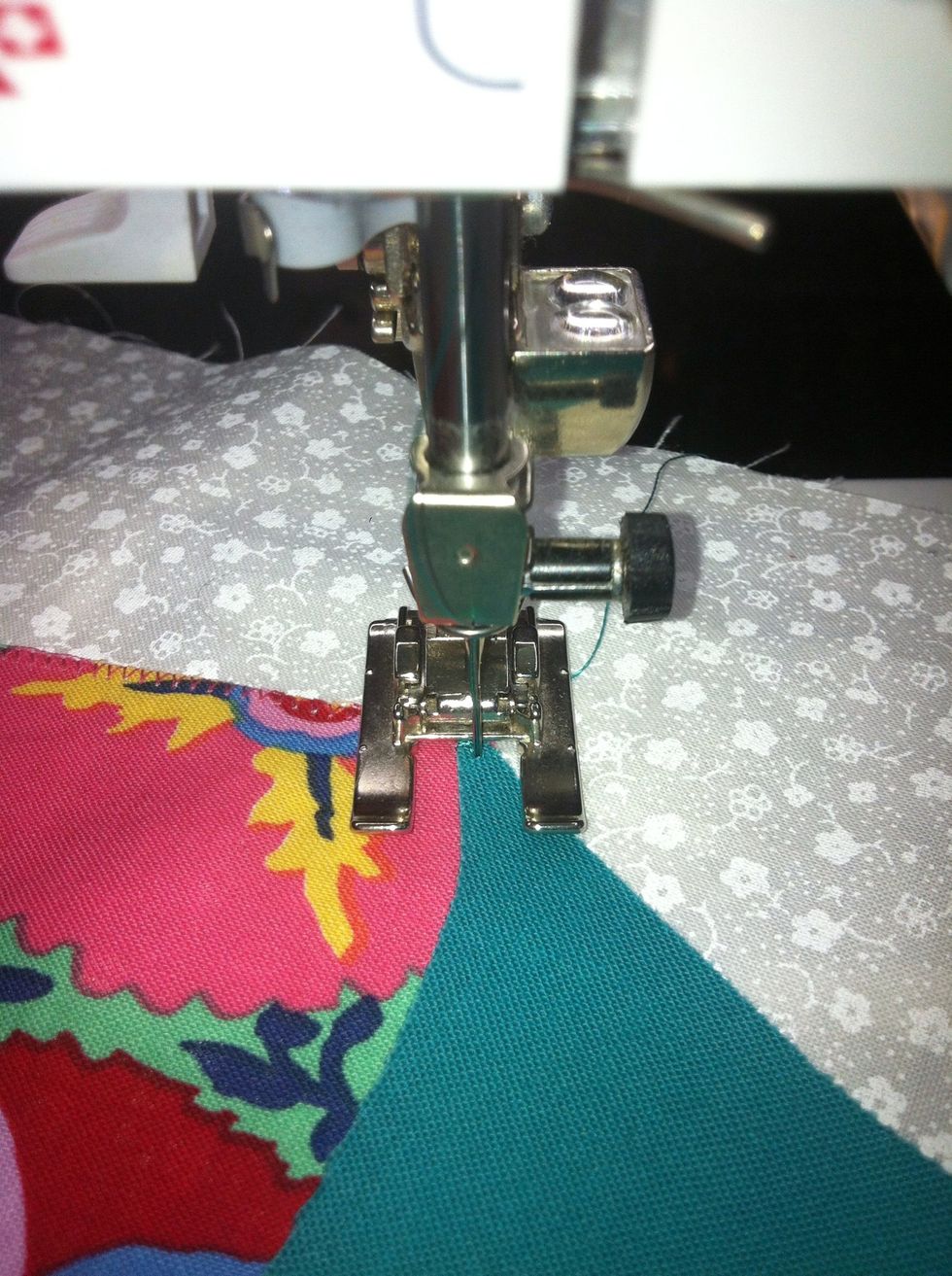 Once again, let the needle swing from just inside the appliqu\u00e9...