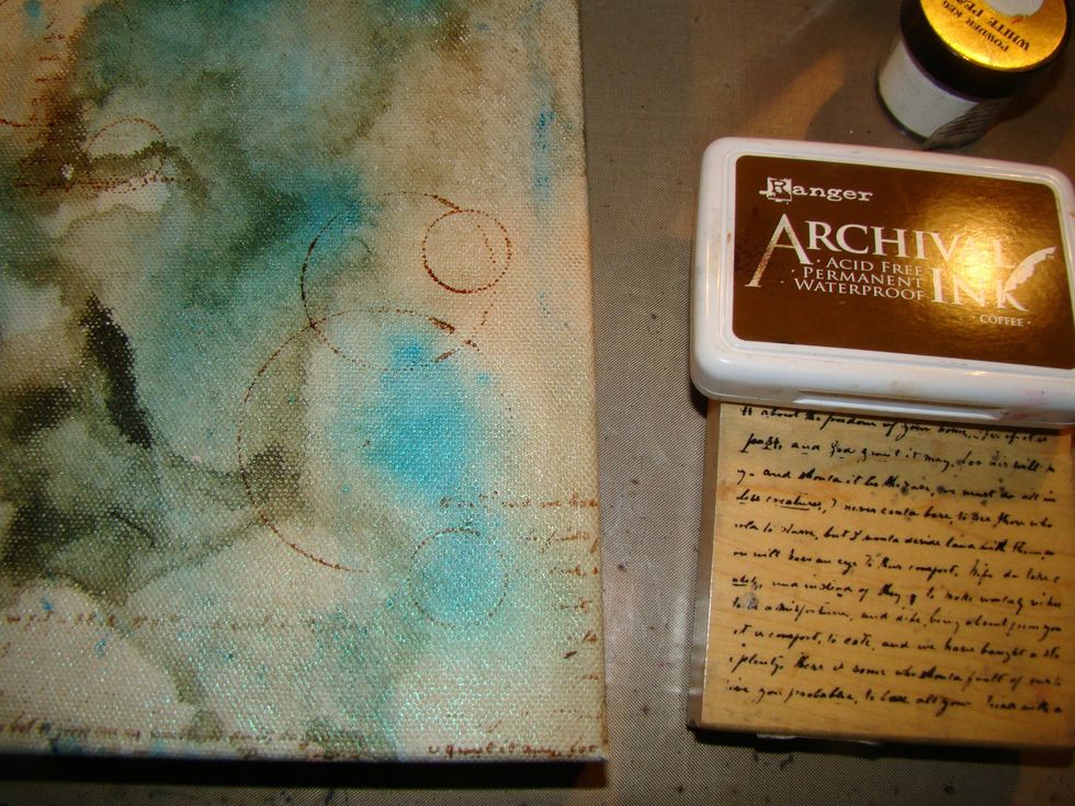 Once again, using my brown archival ink I randomly stamped my script stamp.