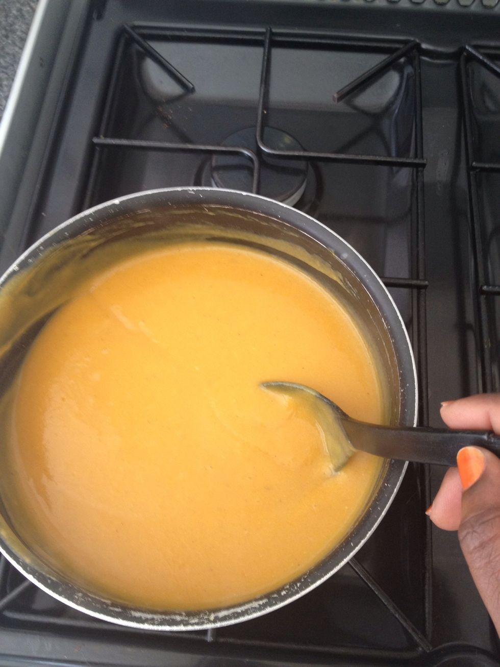 Once all contents is back into the pot, place the soup on a low heat and stir for a minute or 2.