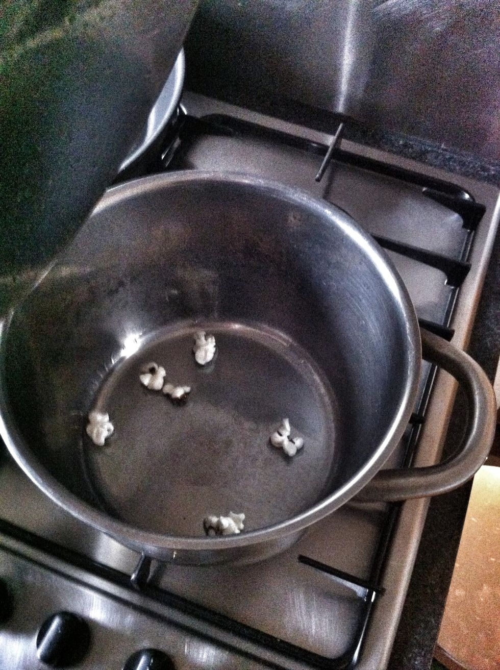 Once all kernels are popped, the oil is at the right temperature. Turn the heat off and add the rest of the kernels and cover the pot. Wait about 40 seconds (the kernels are heating).