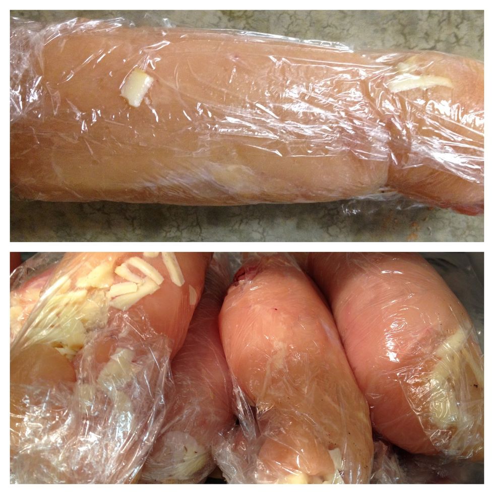 once all of the chicken breasts are tenderized, filled, and rolled, place them into the refrigerator to cool and maintain their form.
