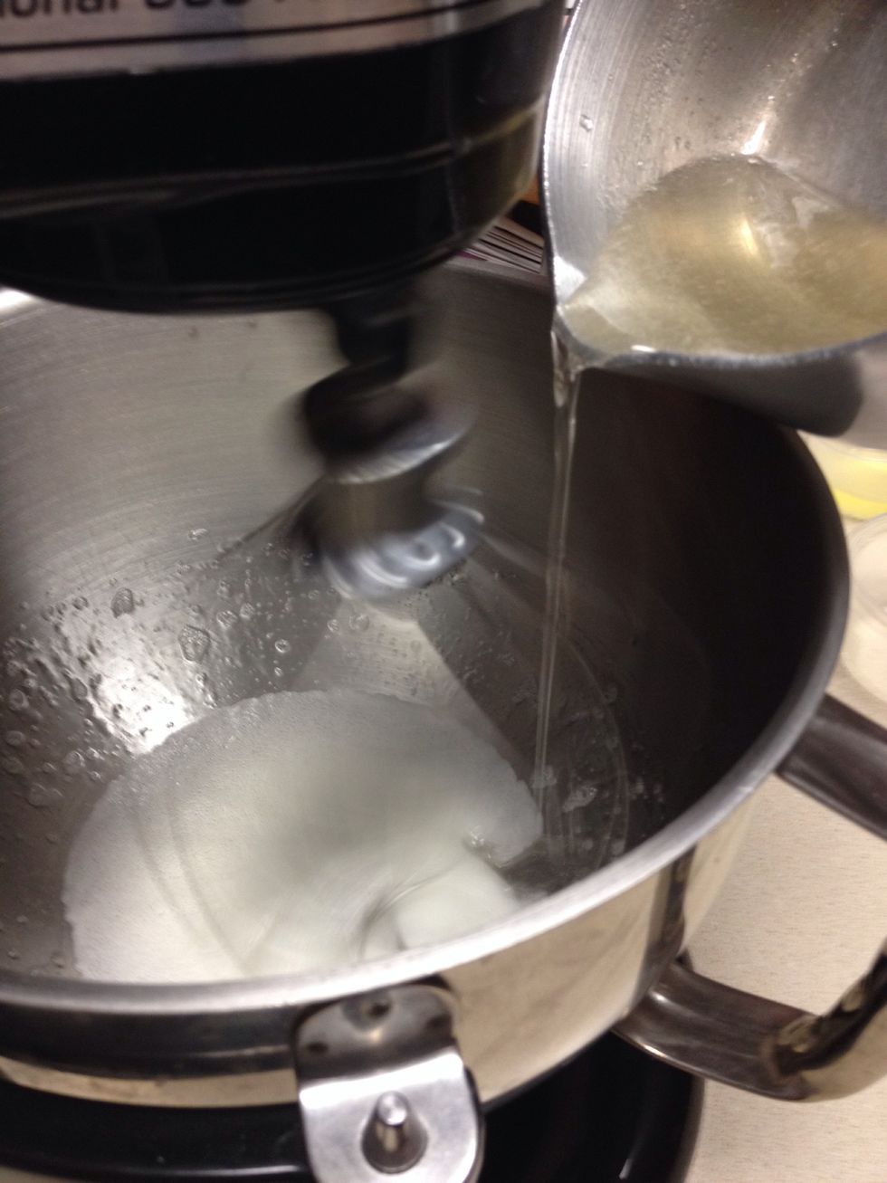 Once all of the sugar is in the mixer, mix on the highest setting until the egg whites have reached medium to stuff peaks