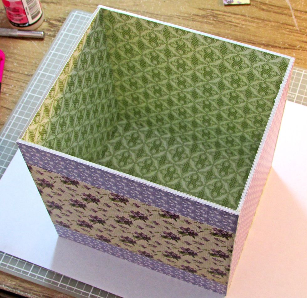 Once all sides of your box and lid are covered with decorative paper, use a strong glue to assemble the pieces. I chose Ranger Glossy Accents. (Use painter's tape to fit your box & lid before gluing.)