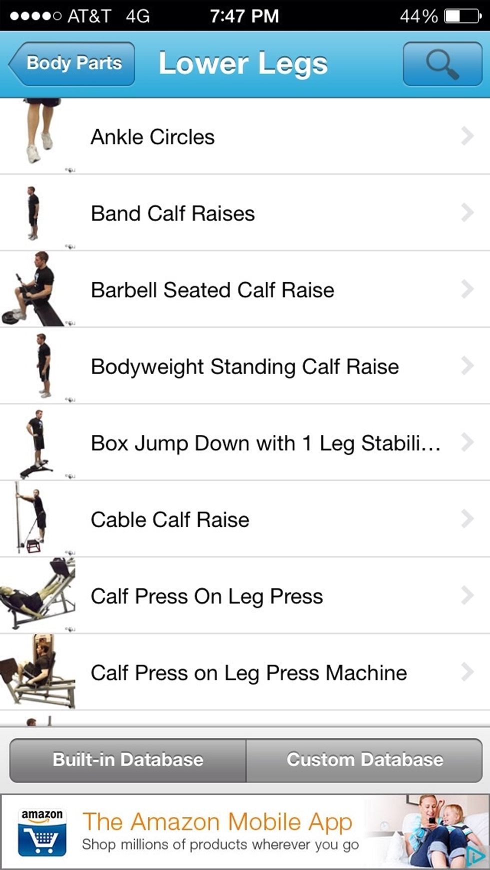 Once an area is chosen, for example lower body, a list of exercises appear. Select which exercise is desirable for the purpose of the evaluation.