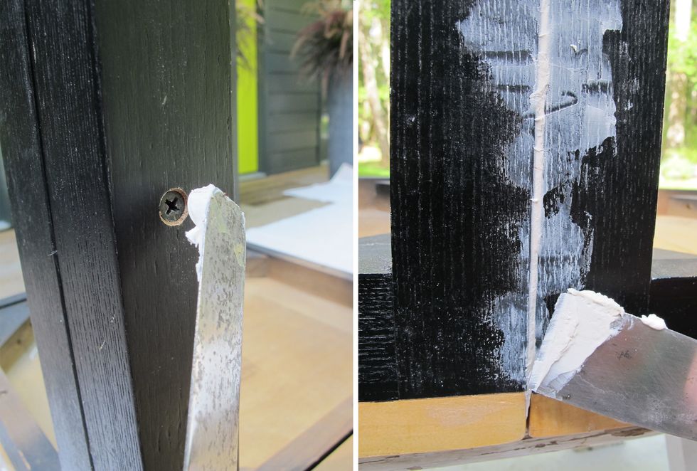 Once attached, use a spatula and wood patch to conceal the screw heads and fill any gaps between the chairs. This will create a smooth and unified surface.