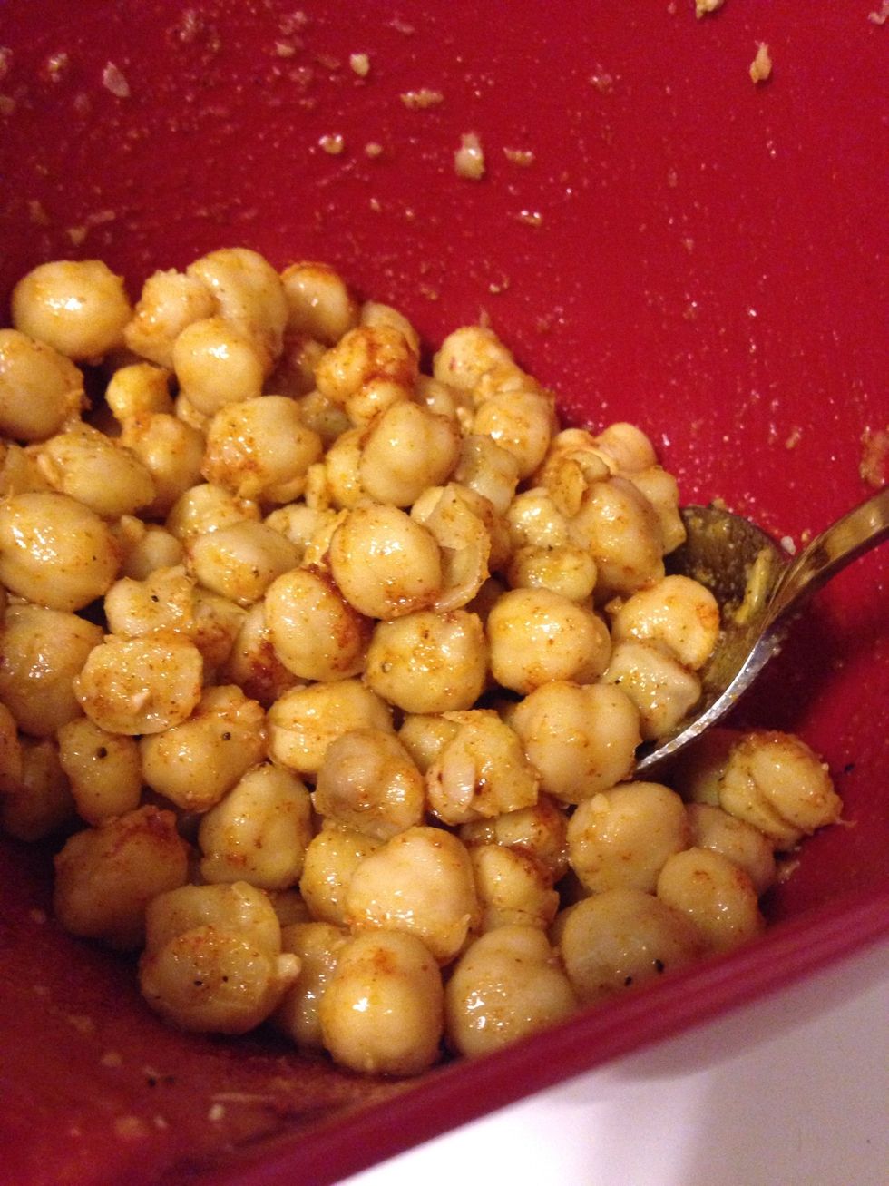 Once beans are dry, add all of the ingredients and stir until the beans are well coated.