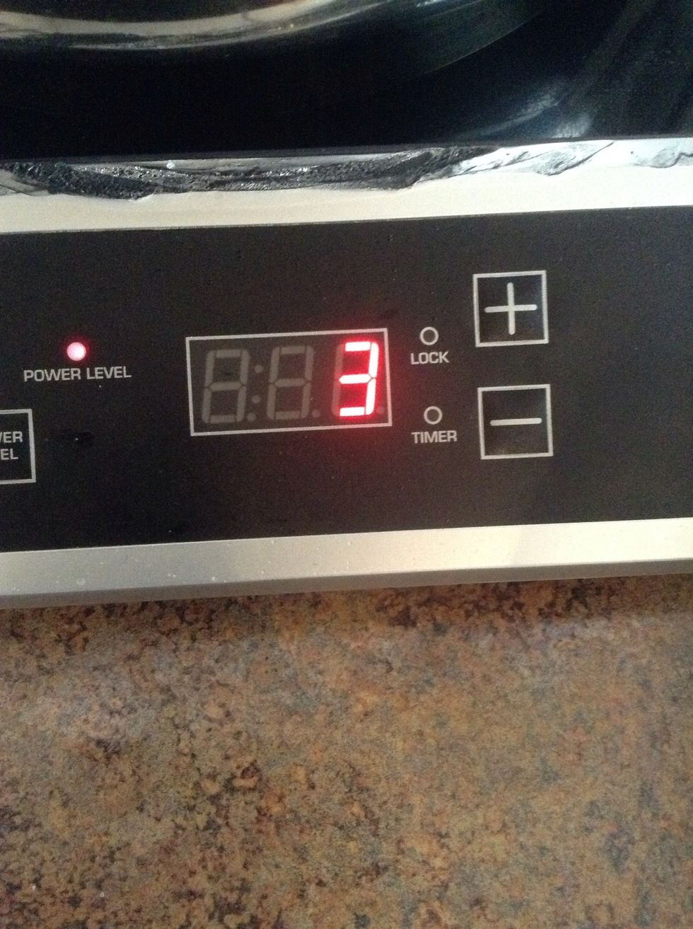 Once boiling turn burner down to 3 (low)