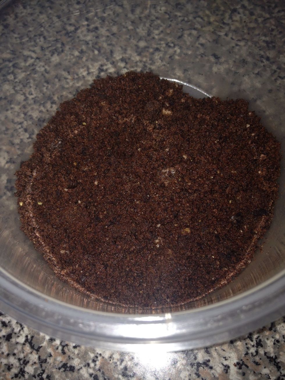 Once brownies have completely cooled crush them up into crumbs using a blender, your hands, etc