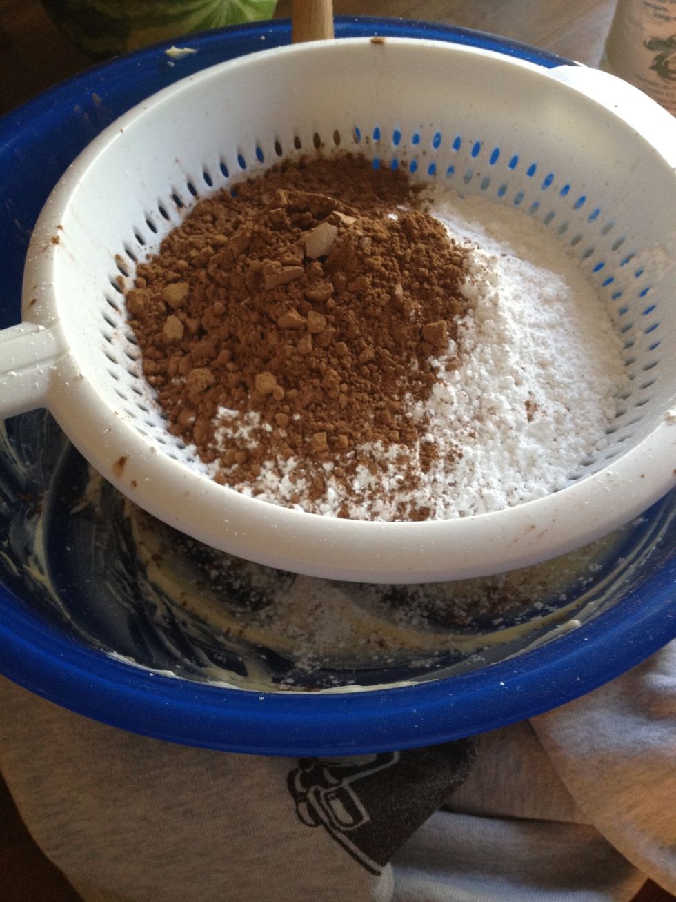 Once butter is creamed, sift and fold 3 cups of powdered sugar and 1/2 cup of cocoa powder into butter, adding 1/3 of flour/cocoa mixture at a time.