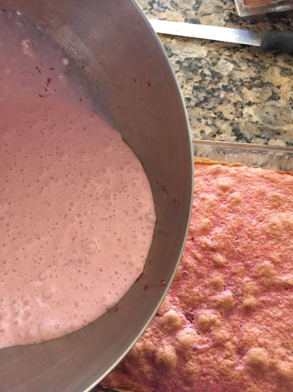 Once cake is out of oven, pour the glaze over