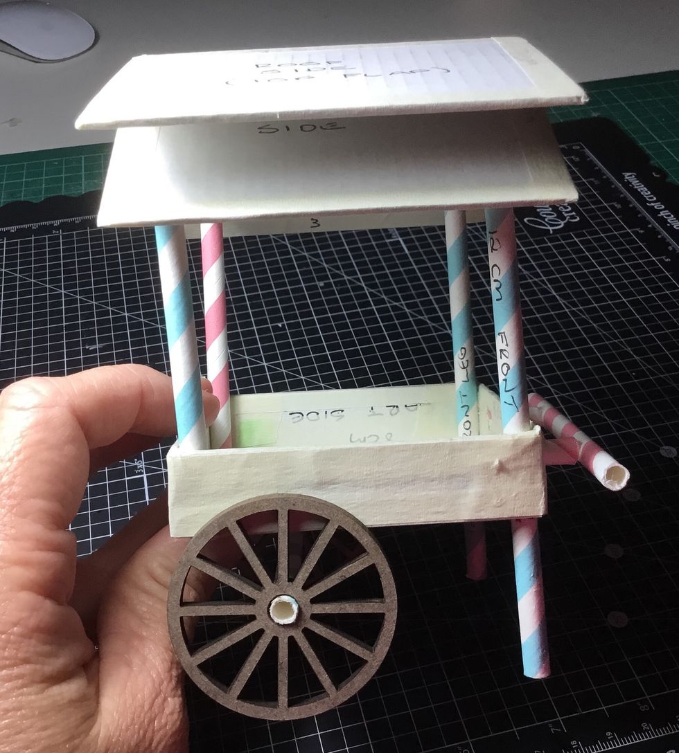 Once cart is embellished attach the wheels as shown. They actually glue to the side of the cart this is why they cannot be attached until after the cart is finished.