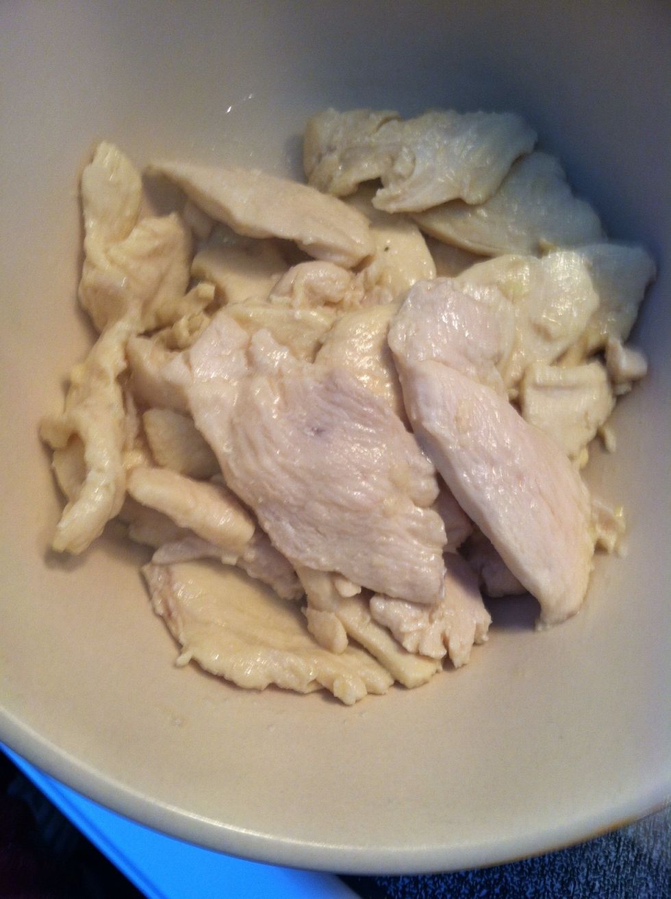 Once chicken is thoroughly cooked, place chicken aside.