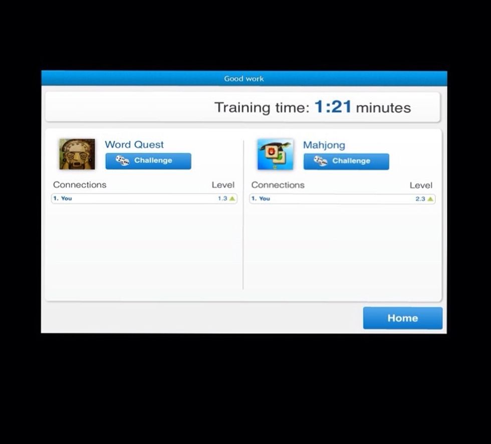 Once completed with the games this screen will show you the level you advanced to and the amount of time it took you to complete the games. Each time you train, the games get more advanced.