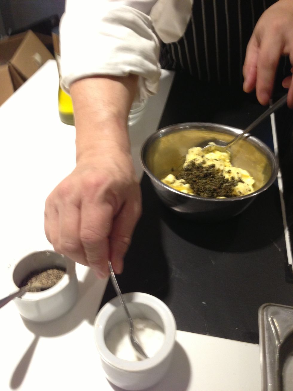 Once cooked add the herbs to the butter and add salt and pepper to taste