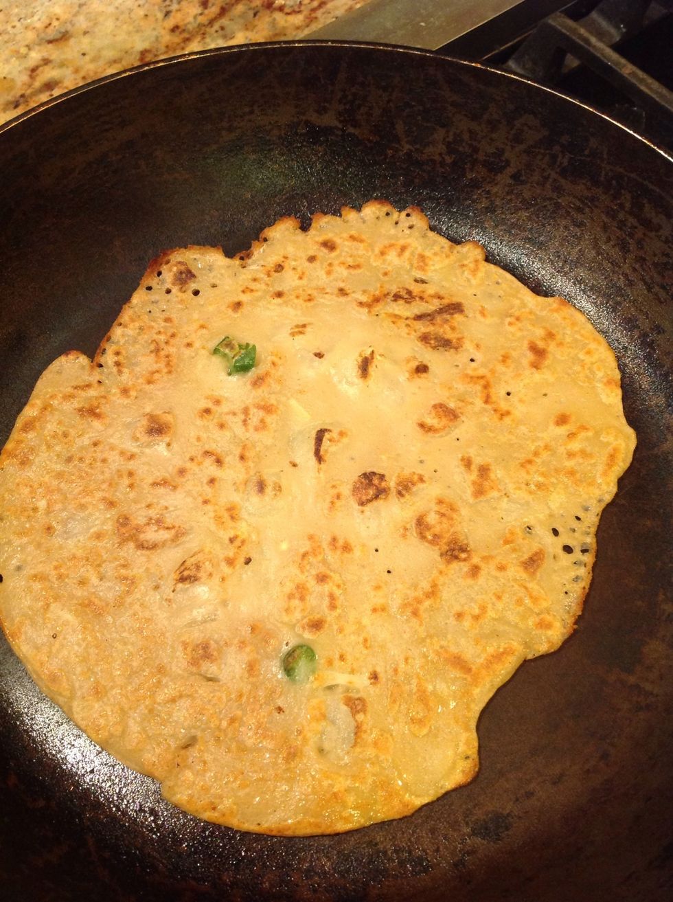 Once cooked, flip to check the top of the crepe. Fold & remove from pan. Repeat from step 8 for additional crepes.