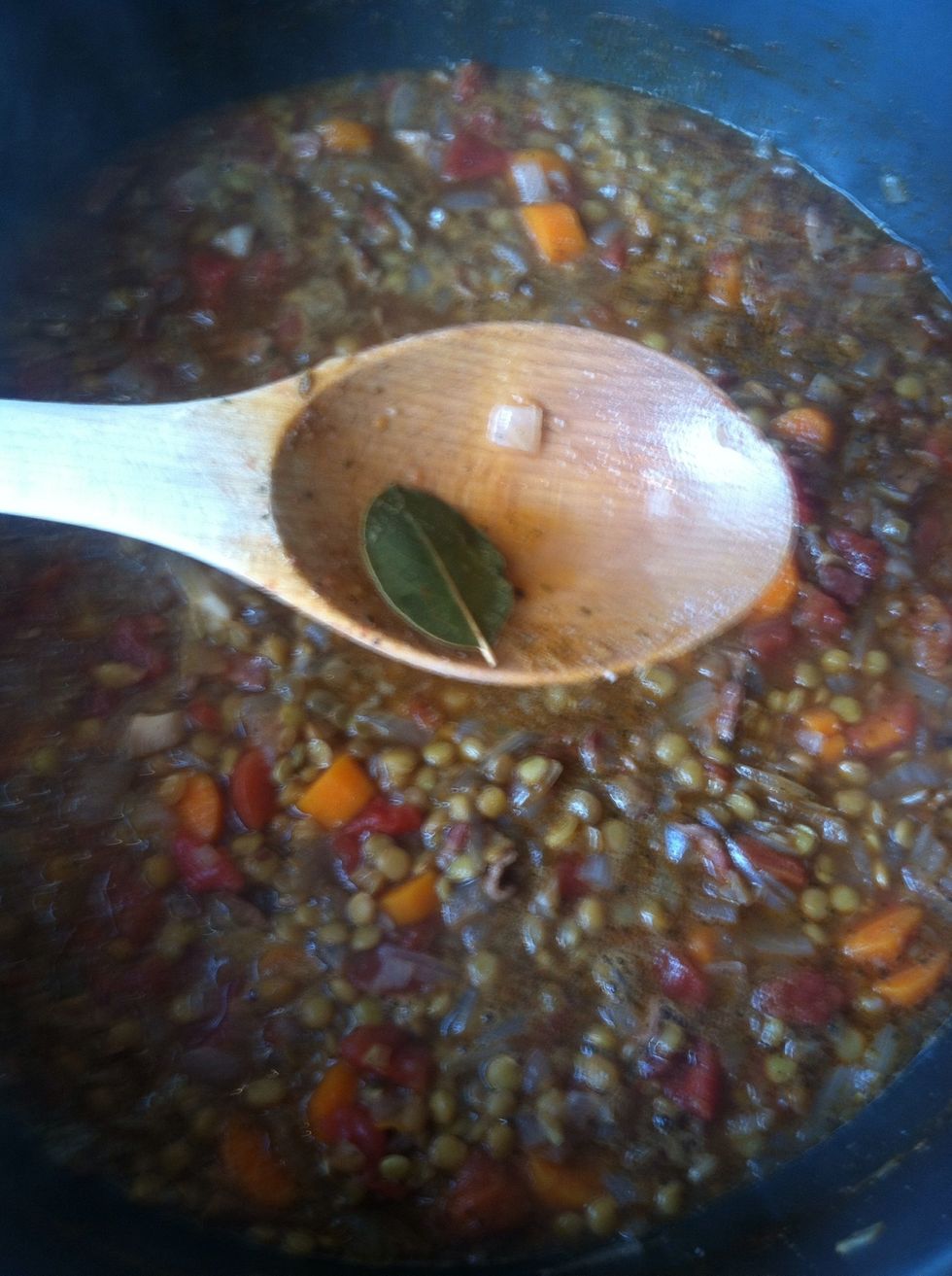 Once cooked for 30-35 mins remove the bay leaf - stir