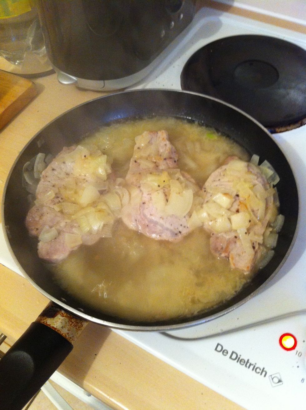Once cooked, remove the chops and wrap in foil to keep their heat, then reduce what wine is left (boil it) until it become a almost sticky sauce. It's proper yum.