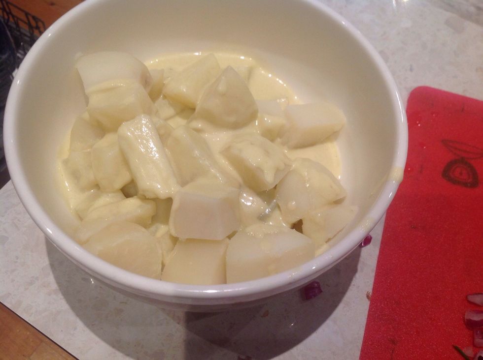 Once cool, add the Mayo, chives,dill and onion