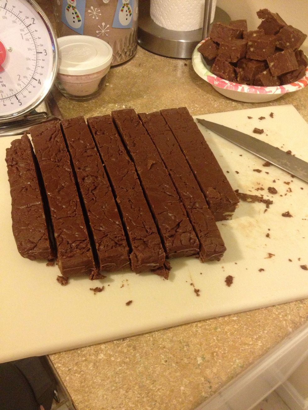 Once cooled, Dump onto cutting board and cut into squared