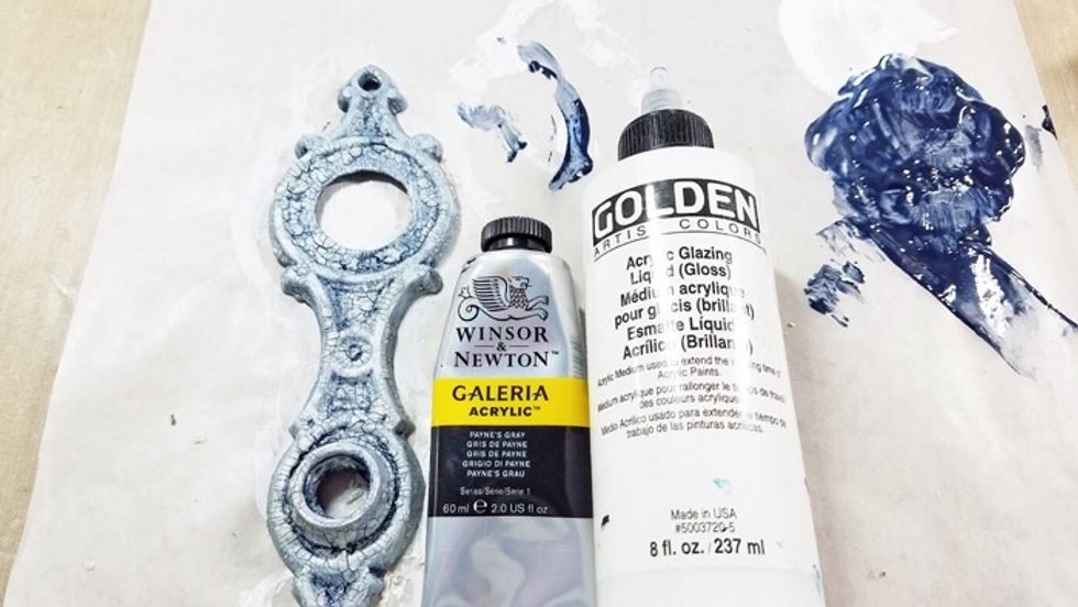 Once crackle texture paste is dry, paint with your favorite acrylic paint color, thinning the paint with Acrylic Glazing Liquid.