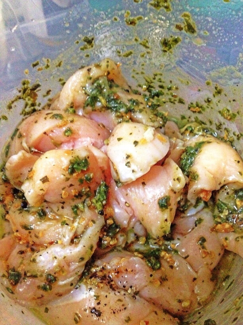 Once defrosted, marinate the chicken with your garlic, olive oil, salt & pepper and what ever spices you desire. I like (HOMEMADE) PESTO very much :) ...and add that to your chicken!